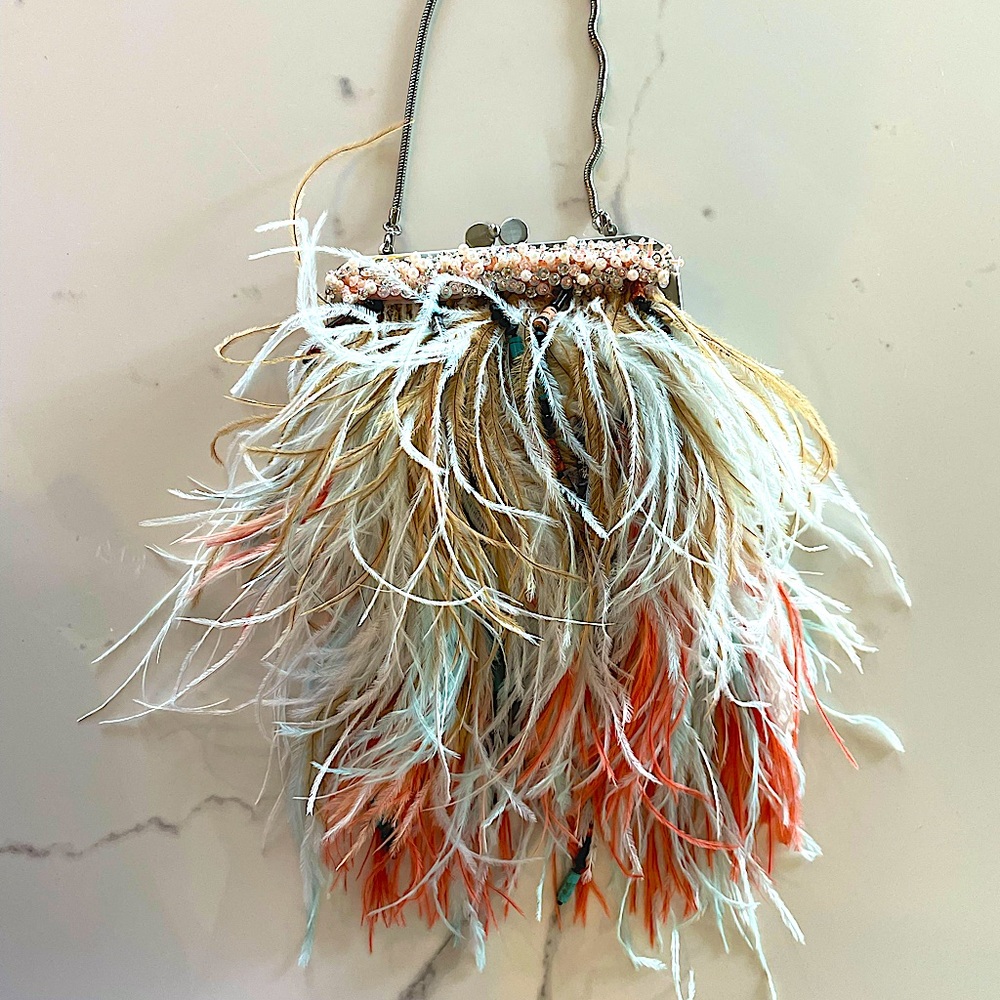 Moo Roo feather pearl and jewel evening bag